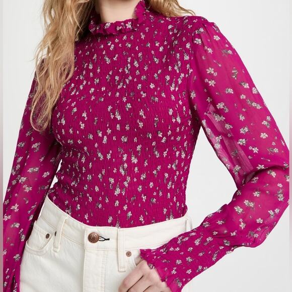 Rag & Bone Kayden Floral Blouse Long Sleeve Smocked‎ Ruffle Pink Size Medium - Picture 1 of 10